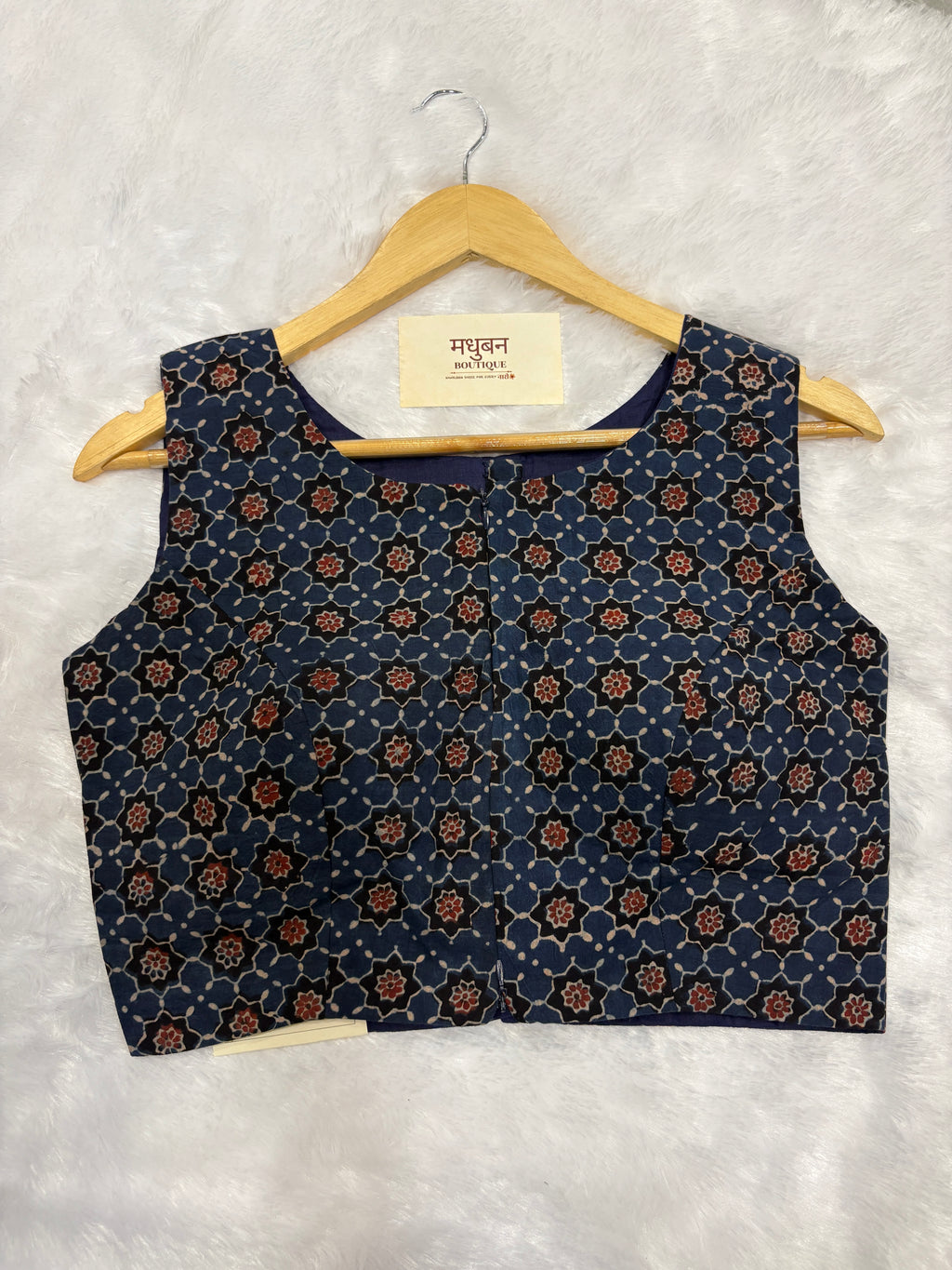 Doubble zipper ajrak cotton padded blouse|Indigo|DZAB003