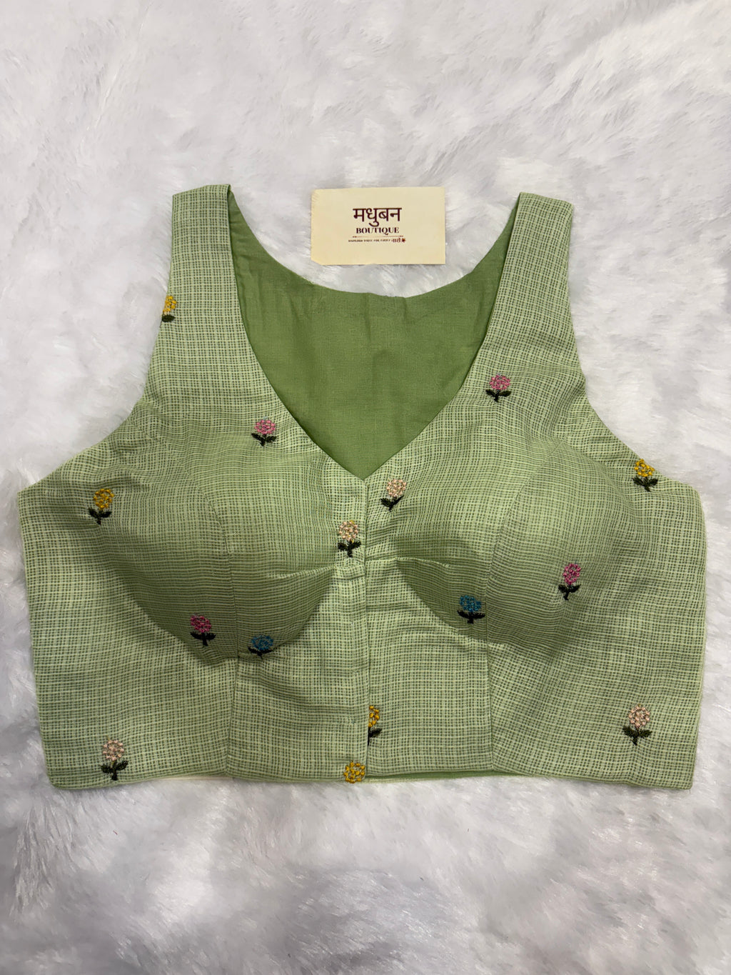 Kota embroidery halter neck padded blouse|Mehendi green|KEHB001
