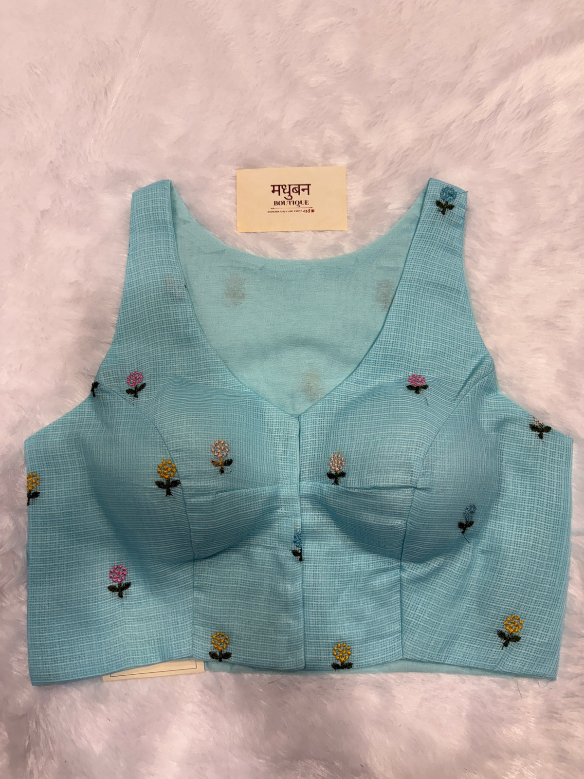 Kota embroidery halter neck padded blouse|Sky blue|KEHB002