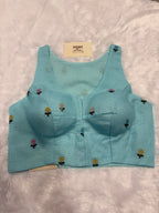Kota embroidery halter neck padded blouse|Sky blue|KEHB002