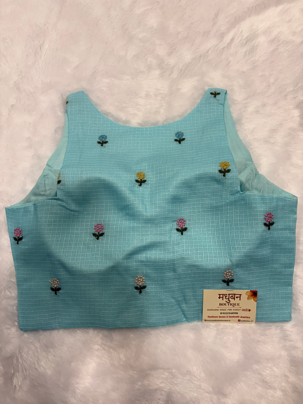 Kota embroidery halter neck padded blouse|Sky blue|KEHB002