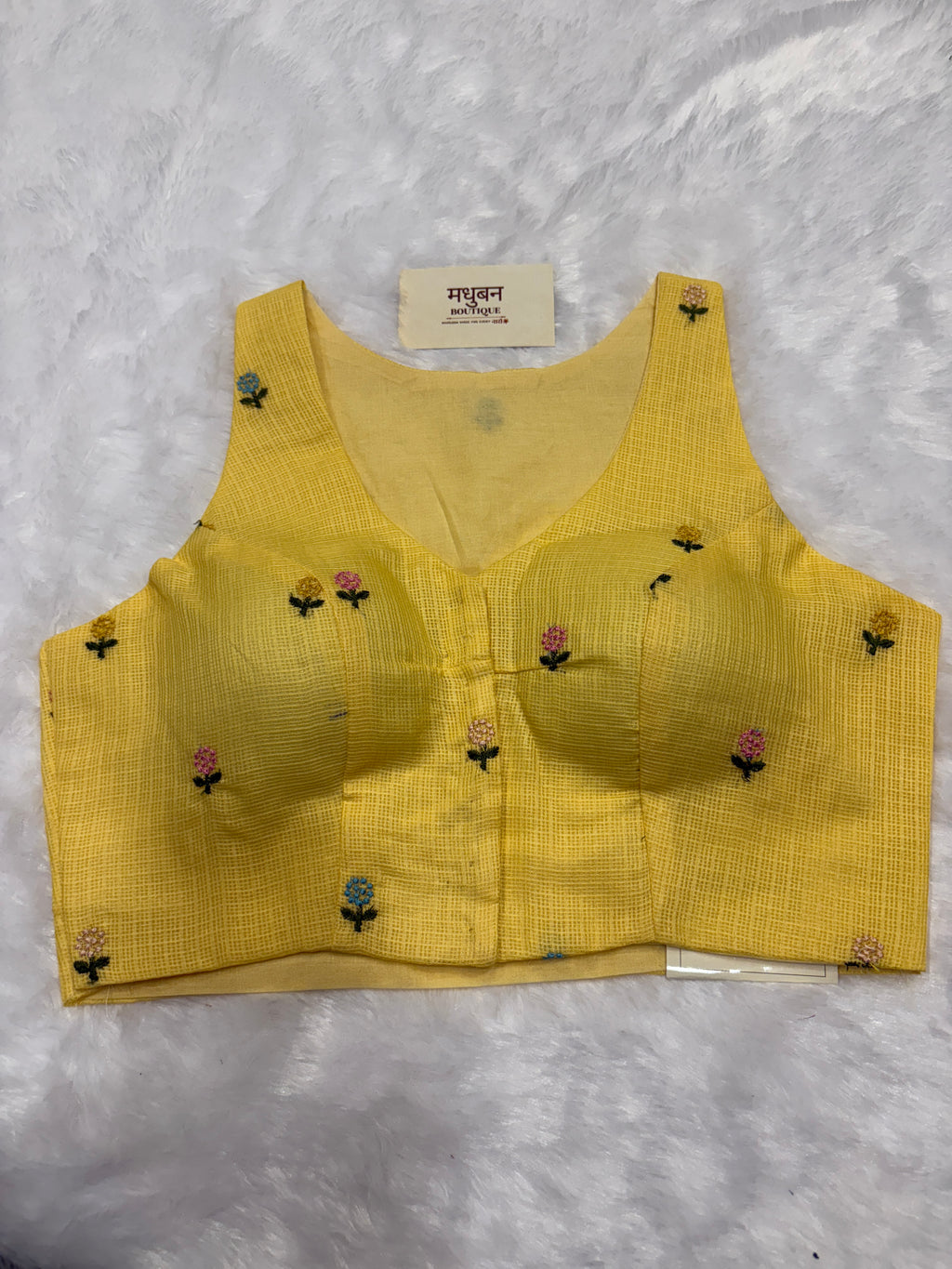 Kota embroidery halter neck padded blouse|Lemon yellow|KEHB004