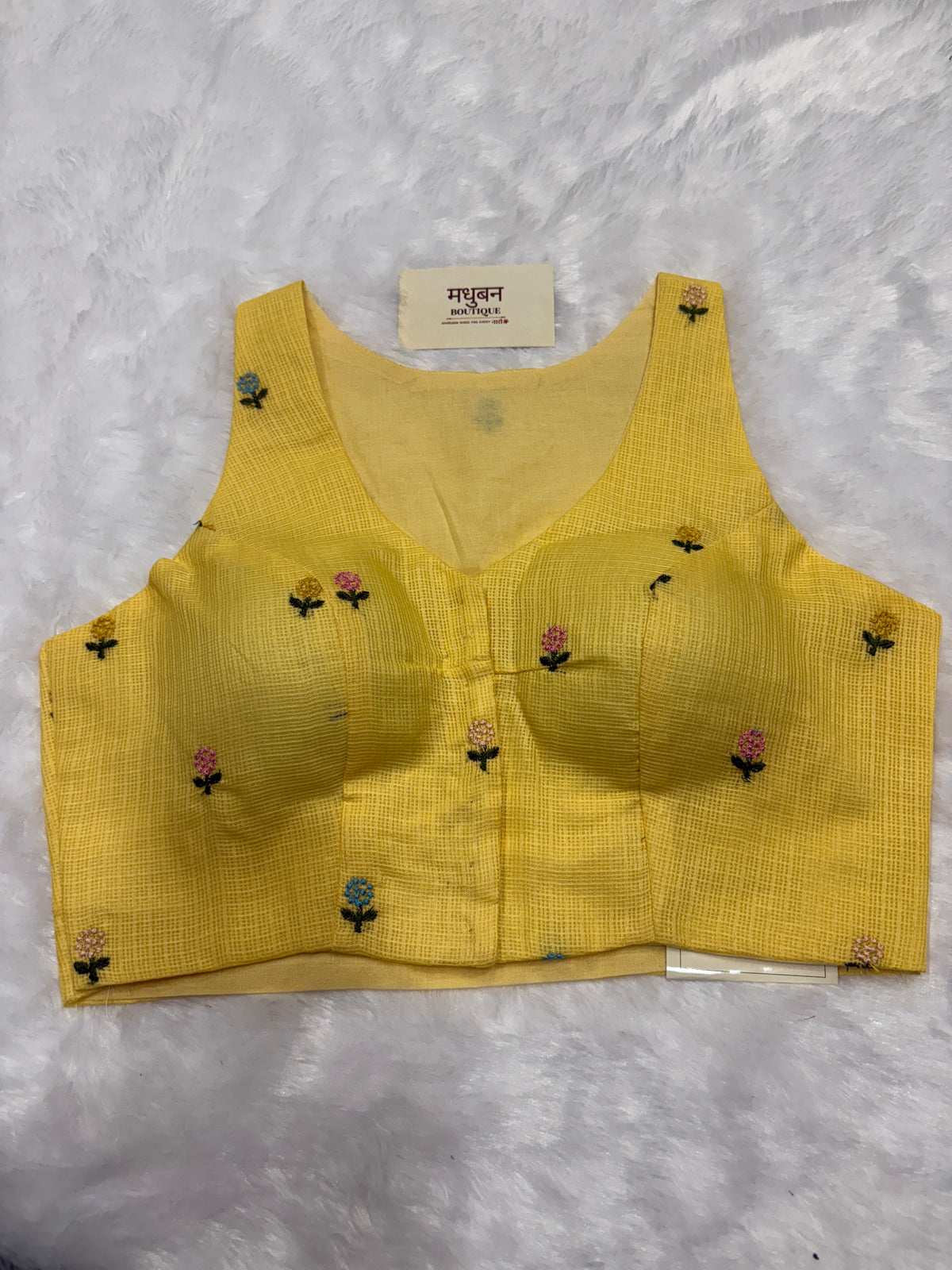 Kota embroidery halter neck padded blouse|Lemon yellow|KEHB004
