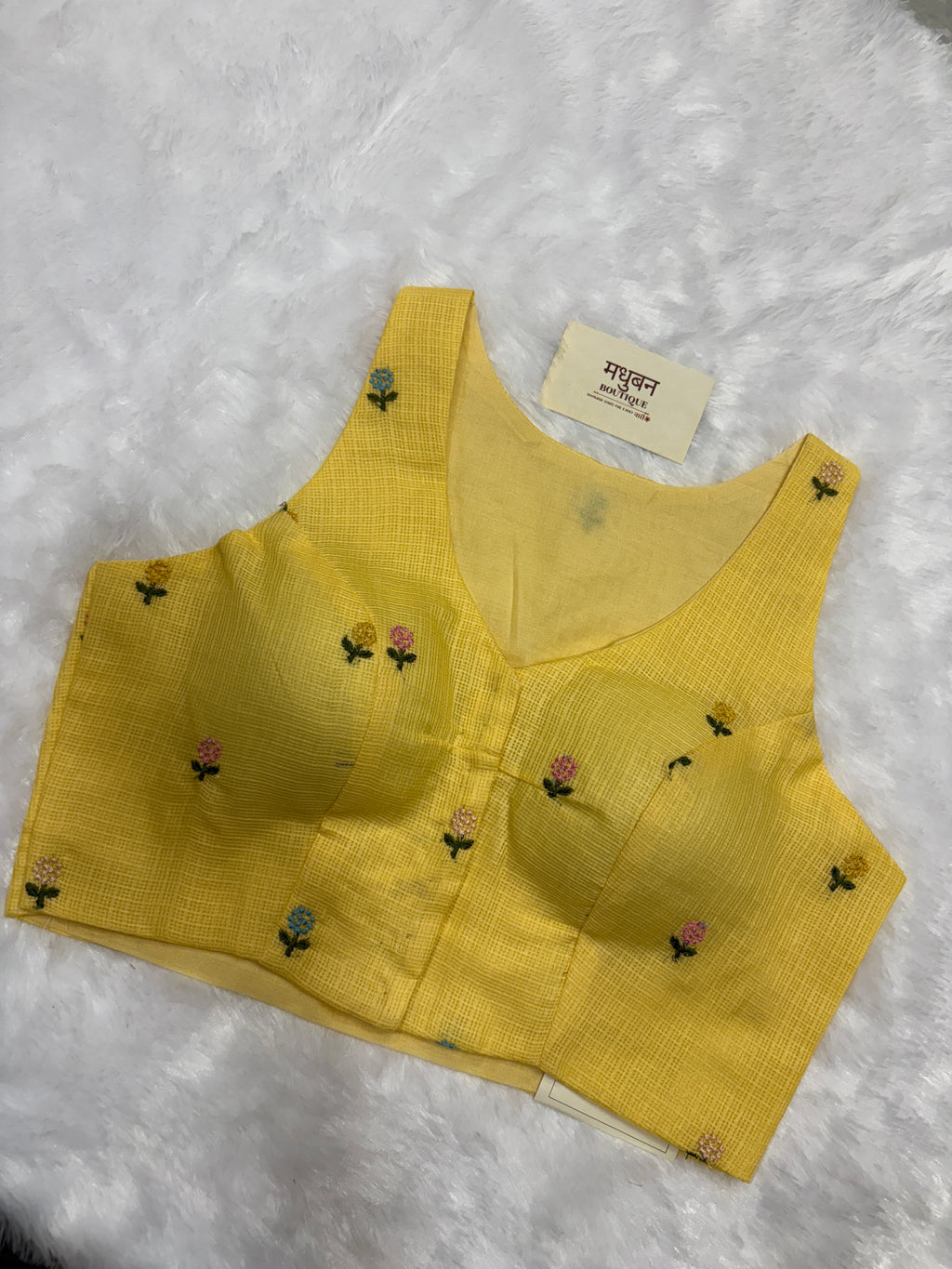 Kota embroidery halter neck padded blouse|Lemon yellow|KEHB004