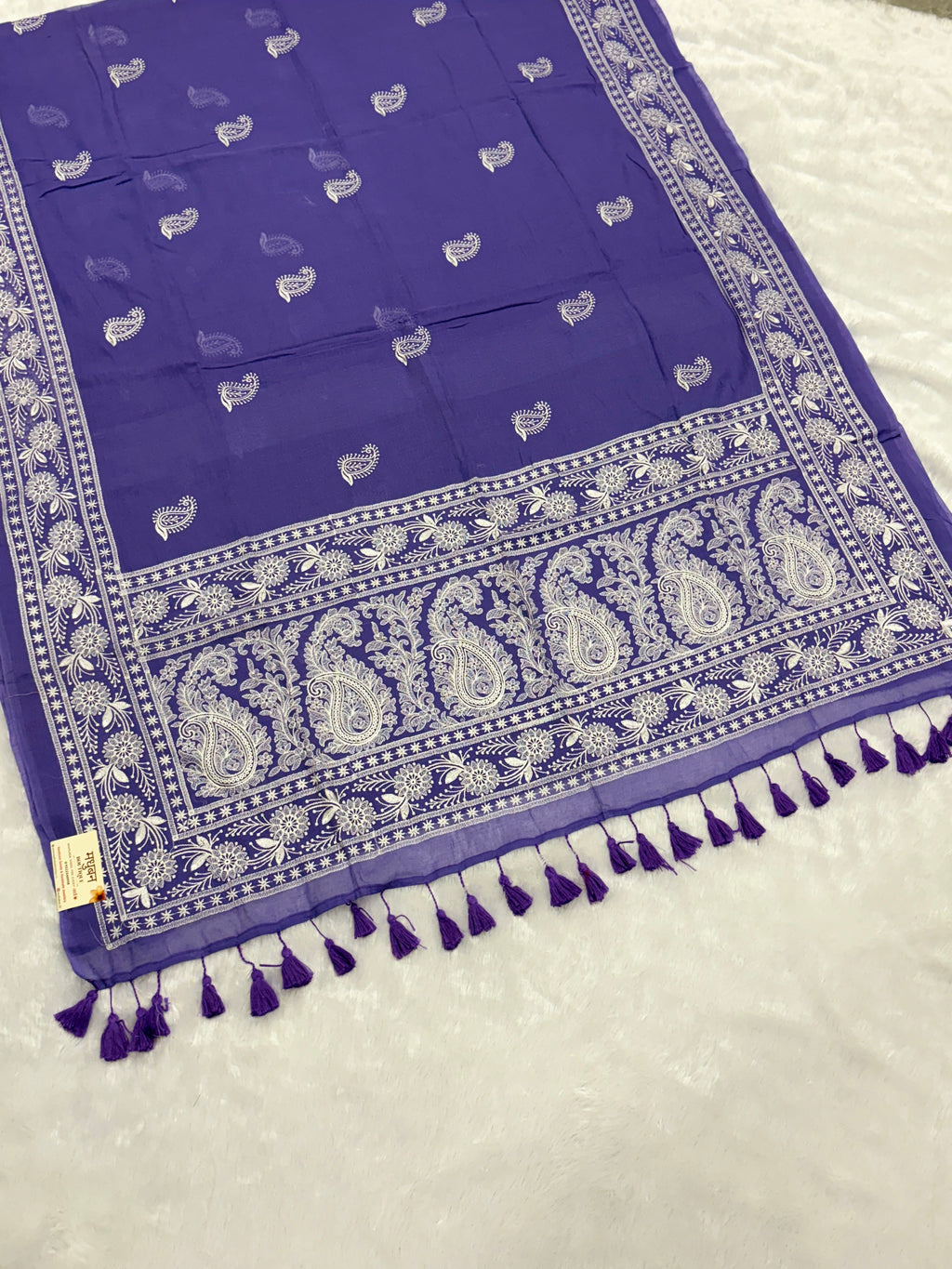 Lakhnowi chikankari work mulcotton saree |Purple|LCMC002