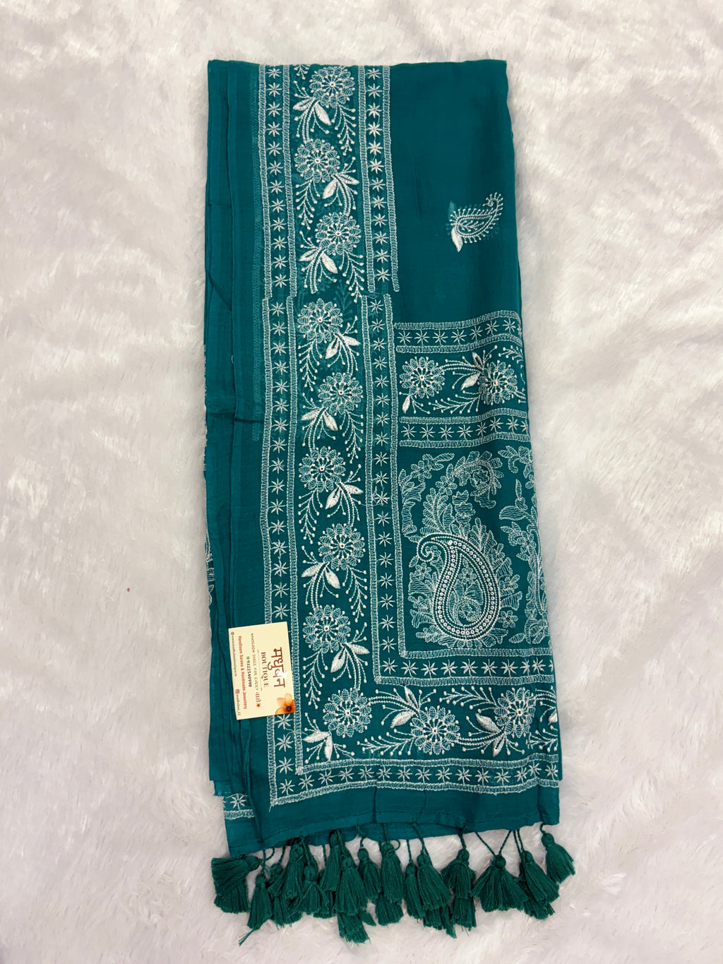 Lakhnowi chikankari work mulcotton saree |Sea green|LCMC003
