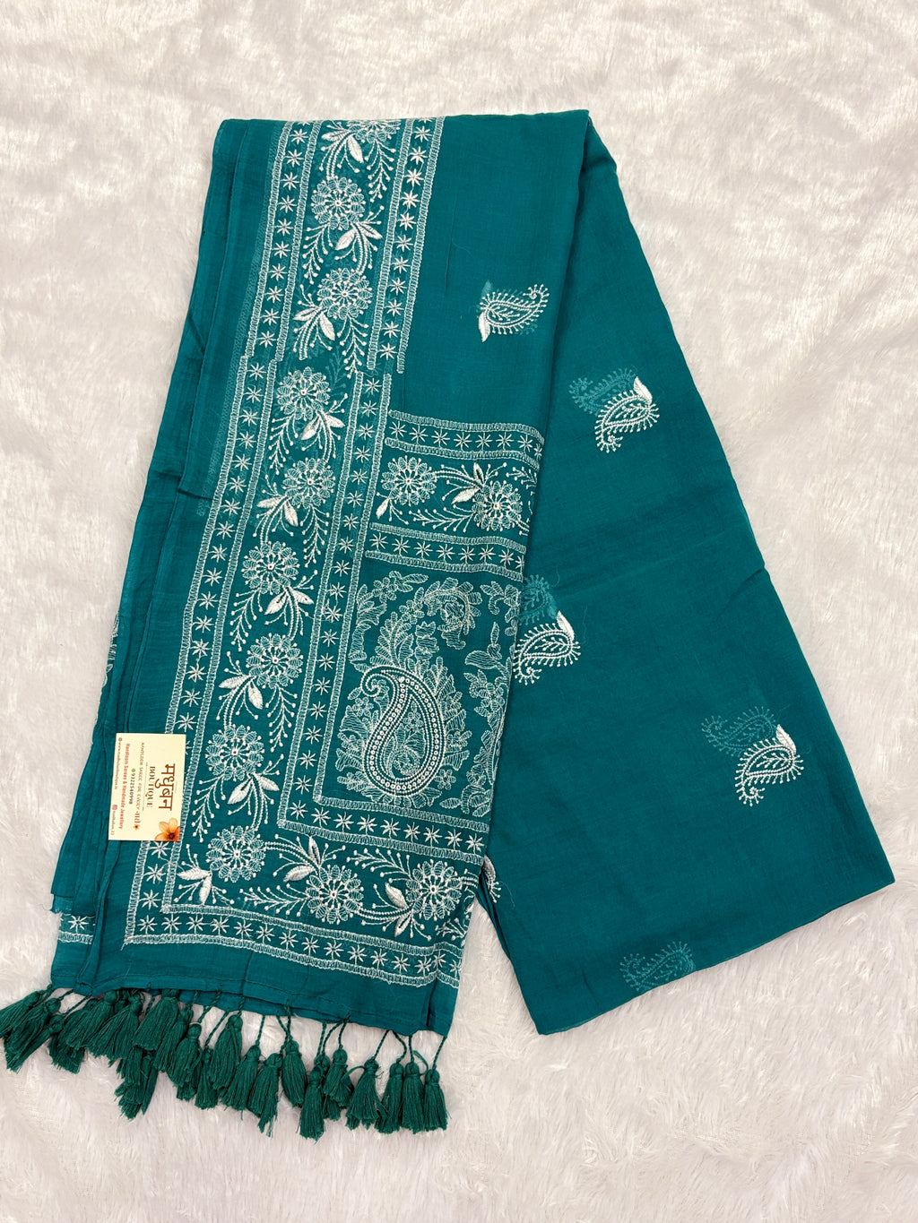 Lakhnowi chikankari work mulcotton saree |Sea green|LCMC003