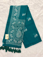 Lakhnowi chikankari work mulcotton saree |Sea green|LCMC003