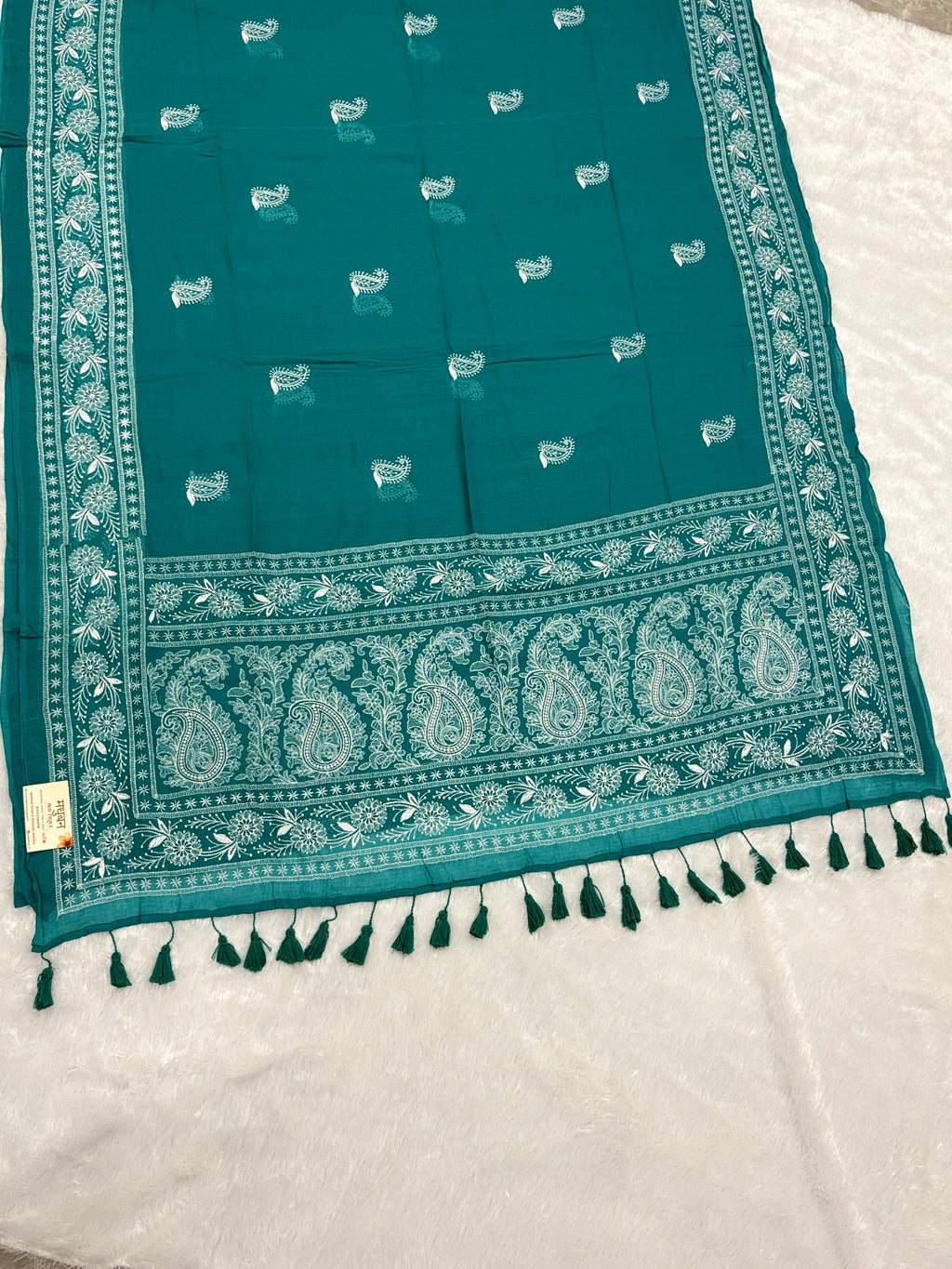 Lakhnowi chikankari work mulcotton saree |Sea green|LCMC003