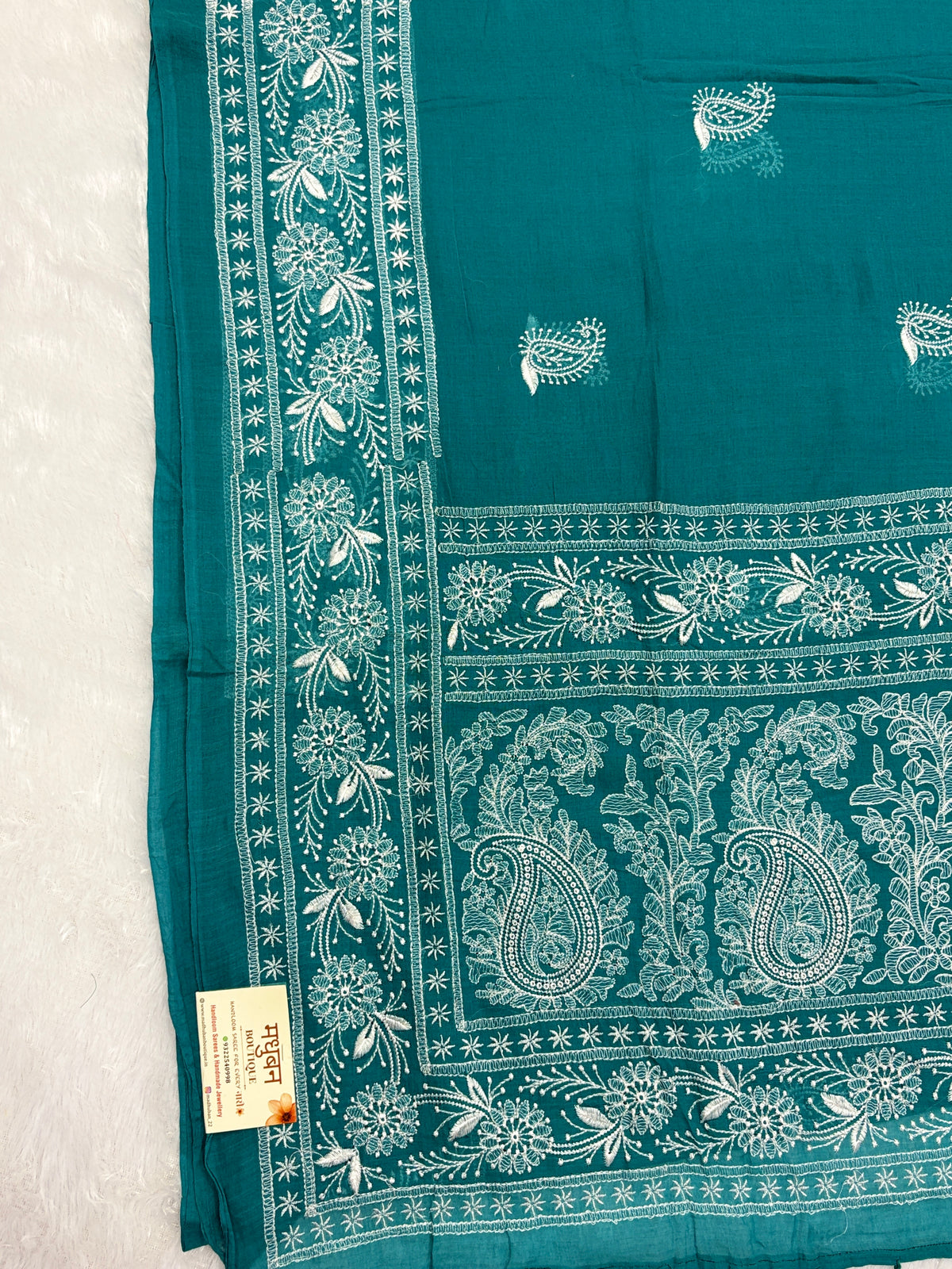 Lakhnowi chikankari work mulcotton saree |Sea green|LCMC003