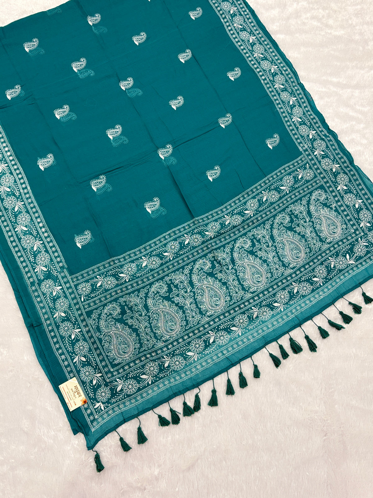 Lakhnowi chikankari work mulcotton saree |Sea green|LCMC003