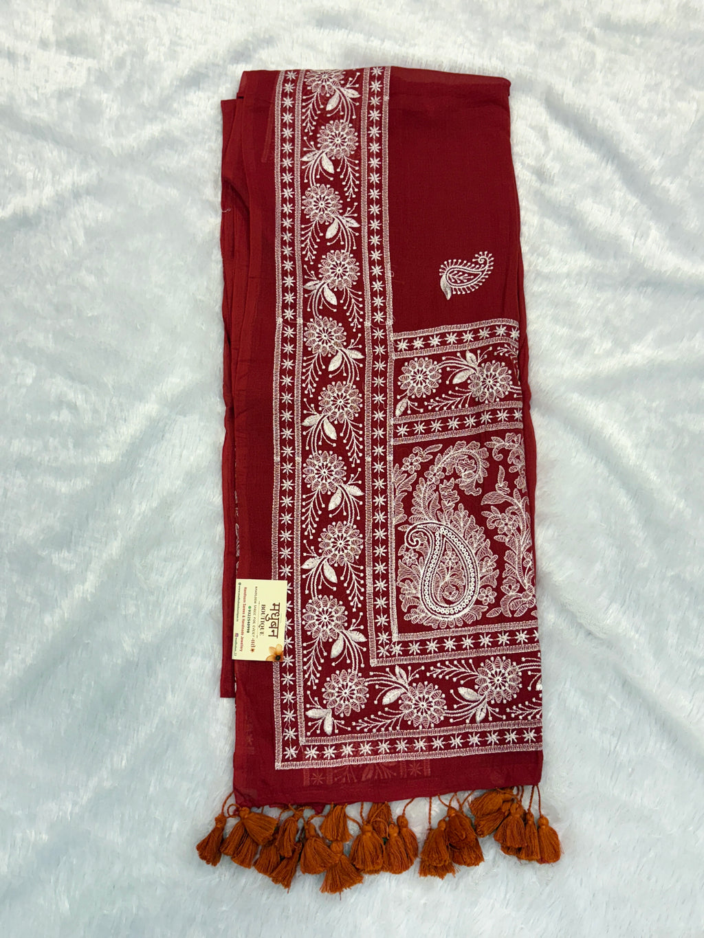 Lakhnowi chikankari work mulcotton saree |Rust red|LCMC004