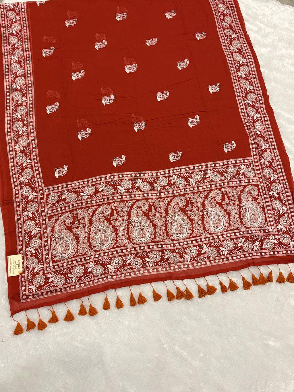 Lakhnowi chikankari work mulcotton saree |Rust red|LCMC004