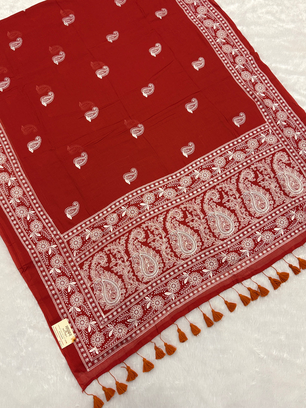 Lakhnowi chikankari work mulcotton saree |Rust red|LCMC004