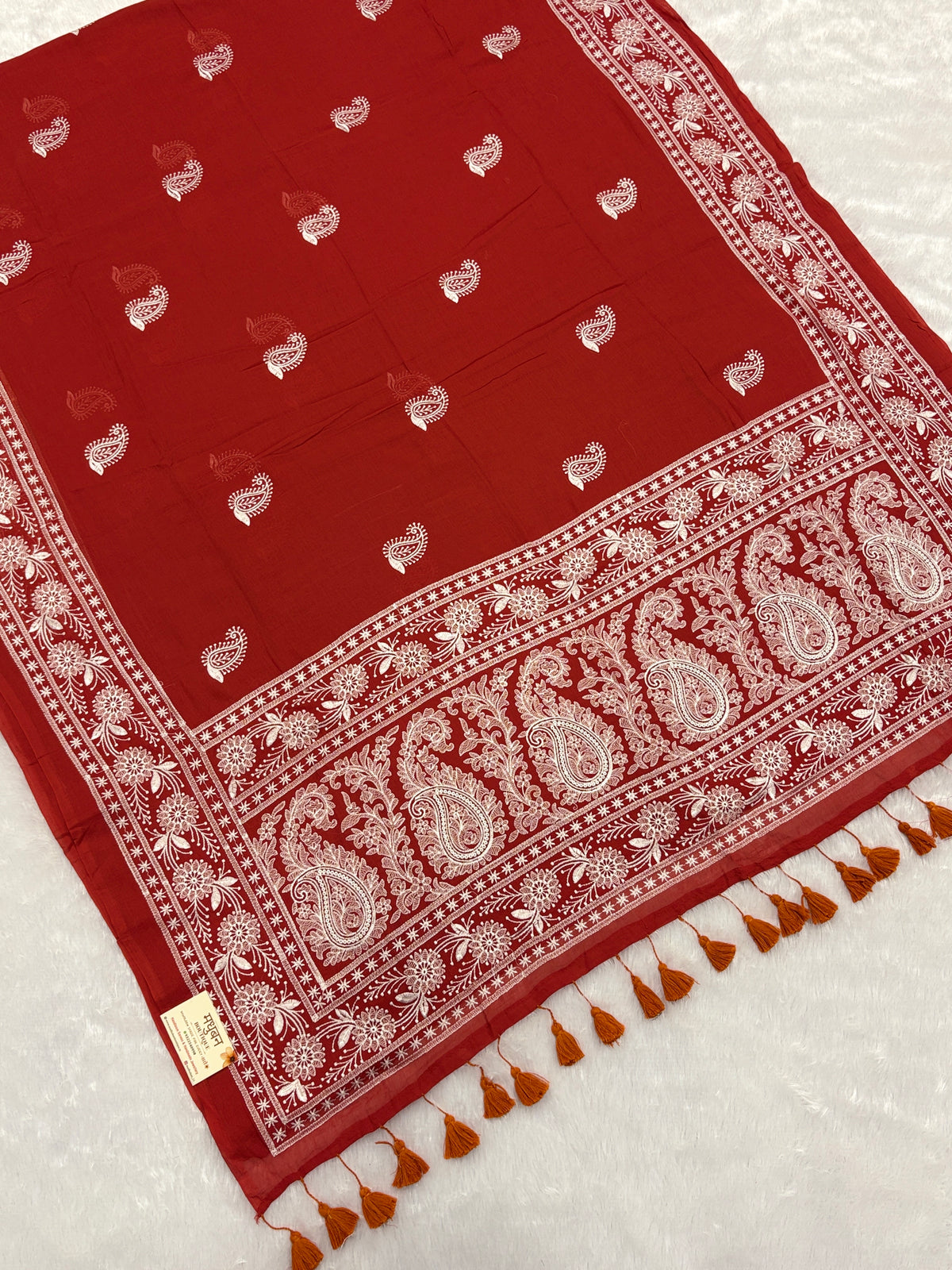 Lakhnowi chikankari work mulcotton saree |Rust red|LCMC004