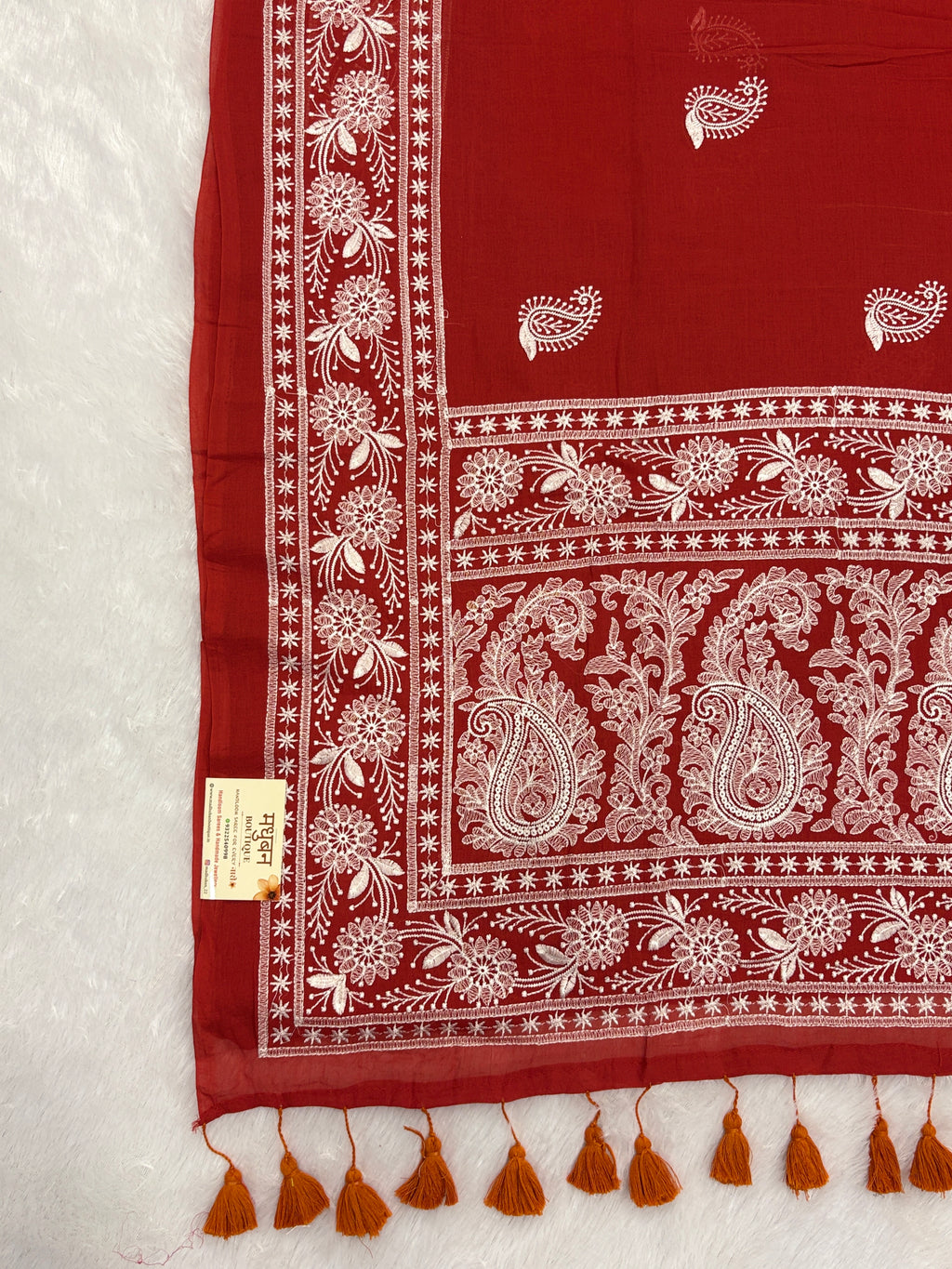 Lakhnowi chikankari work mulcotton saree |Rust red|LCMC004