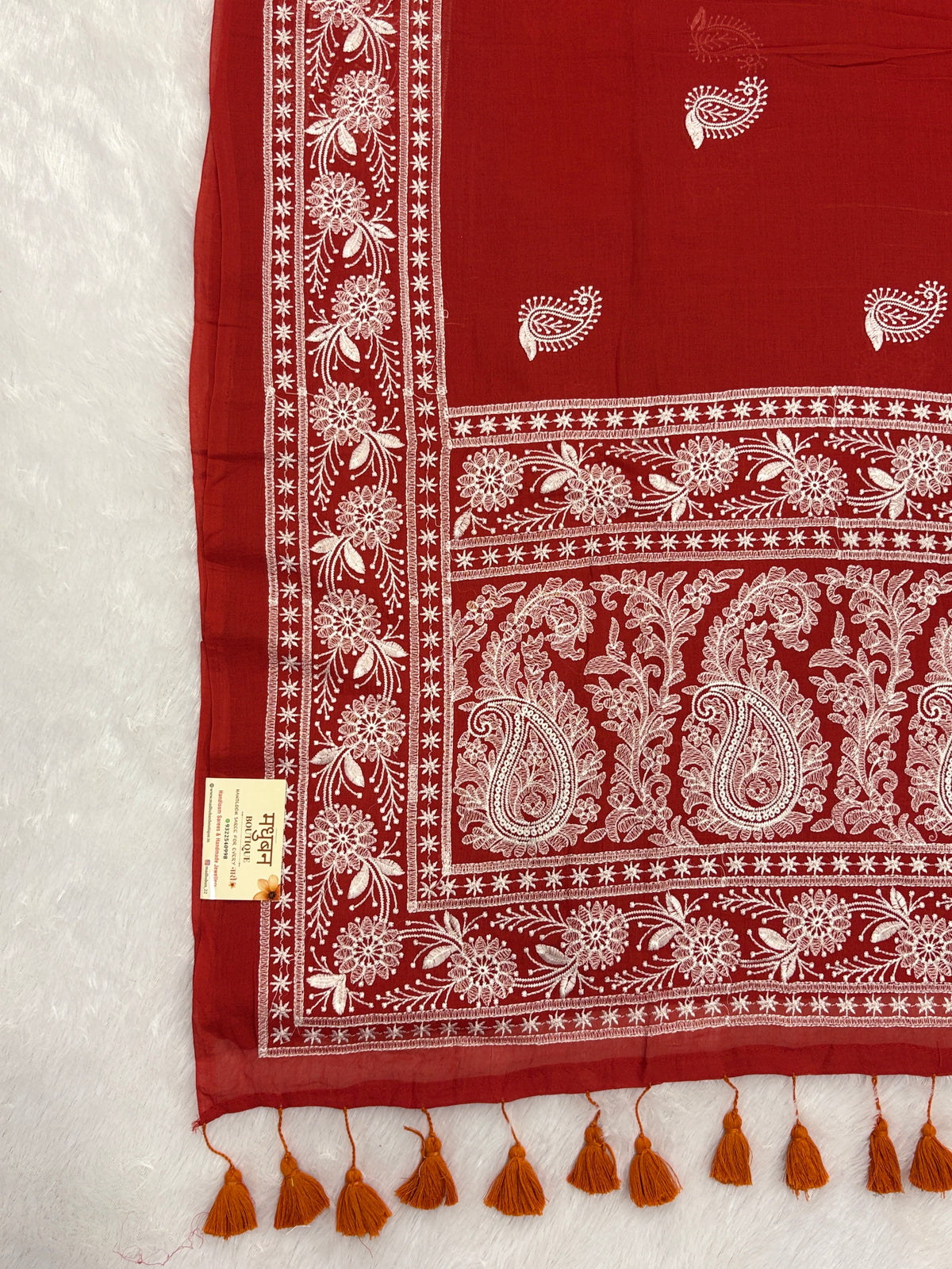 Lakhnowi chikankari work mulcotton saree |Rust red|LCMC004