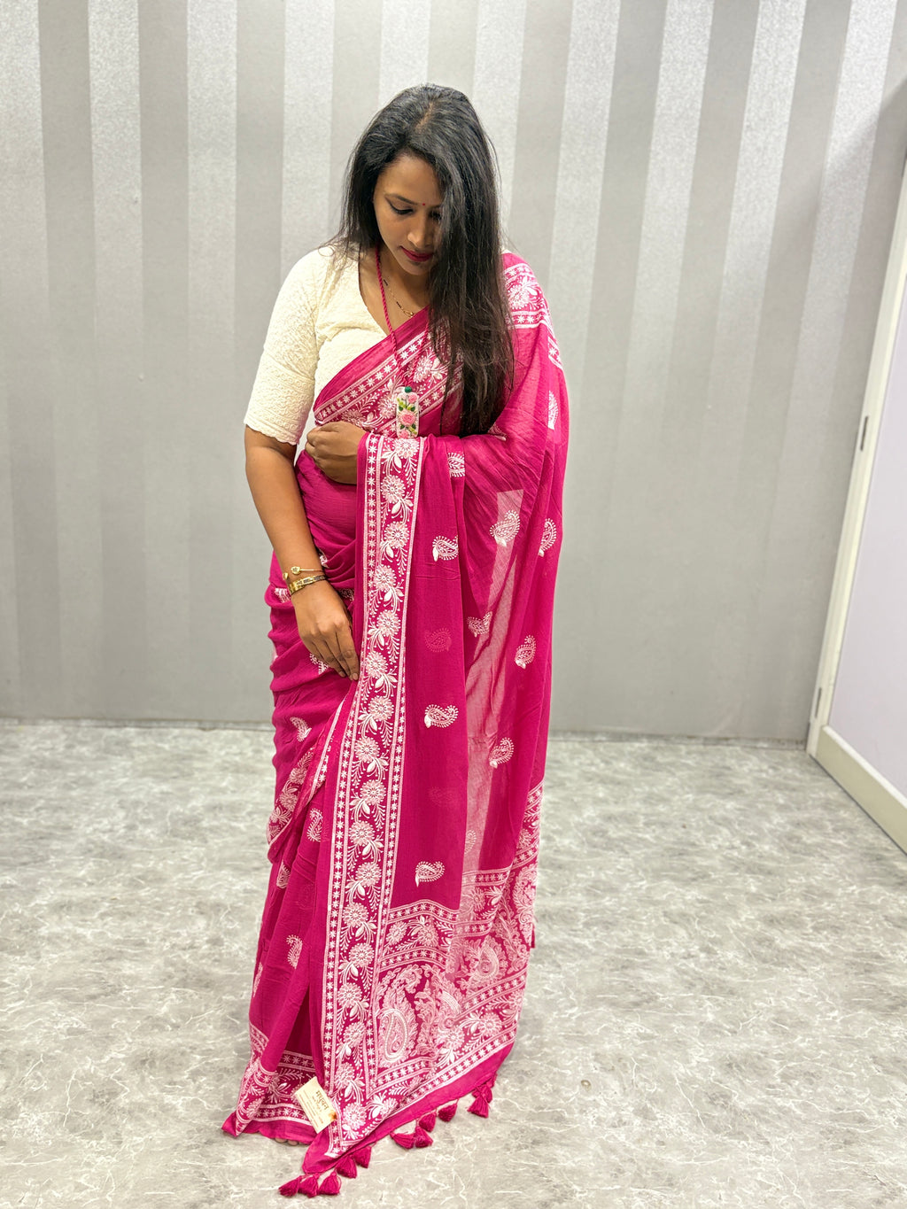 Lakhnowi chikankari work mulcotton saree|Pink |LCMC001