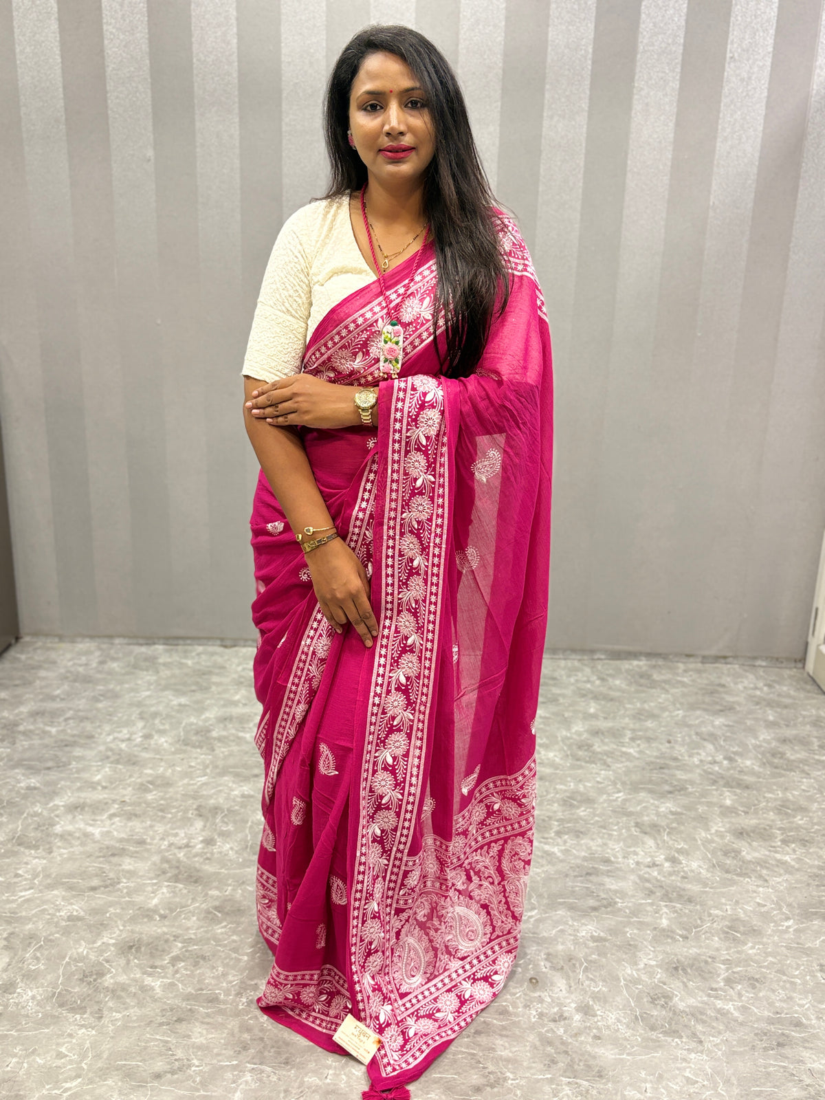 Lakhnowi chikankari work mulcotton saree|Pink |LCMC001