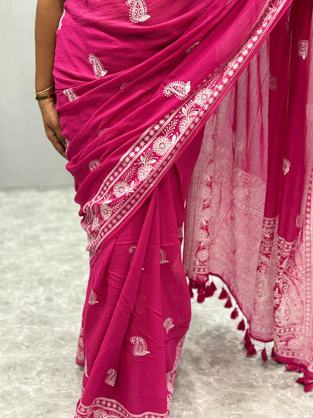 Lakhnowi chikankari work mulcotton saree|Pink |LCMC001