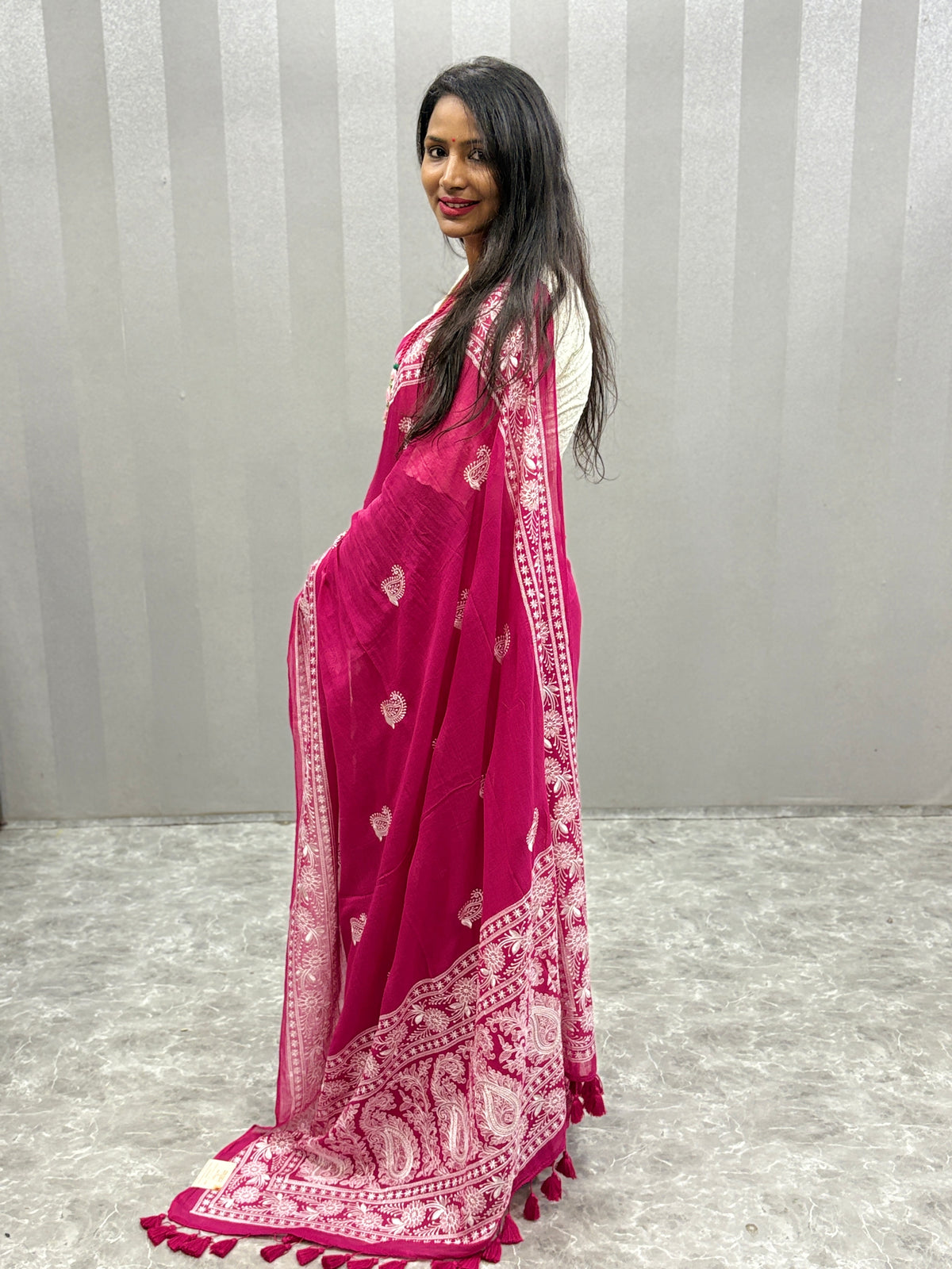 Lakhnowi chikankari work mulcotton saree|Pink |LCMC001
