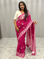 Lakhnowi chikankari work mulcotton saree|Pink |LCMC001