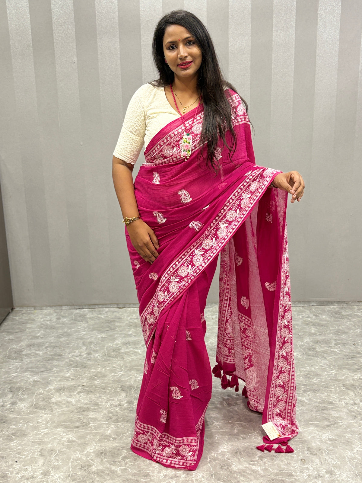 Lakhnowi chikankari work mulcotton saree|Pink |LCMC001