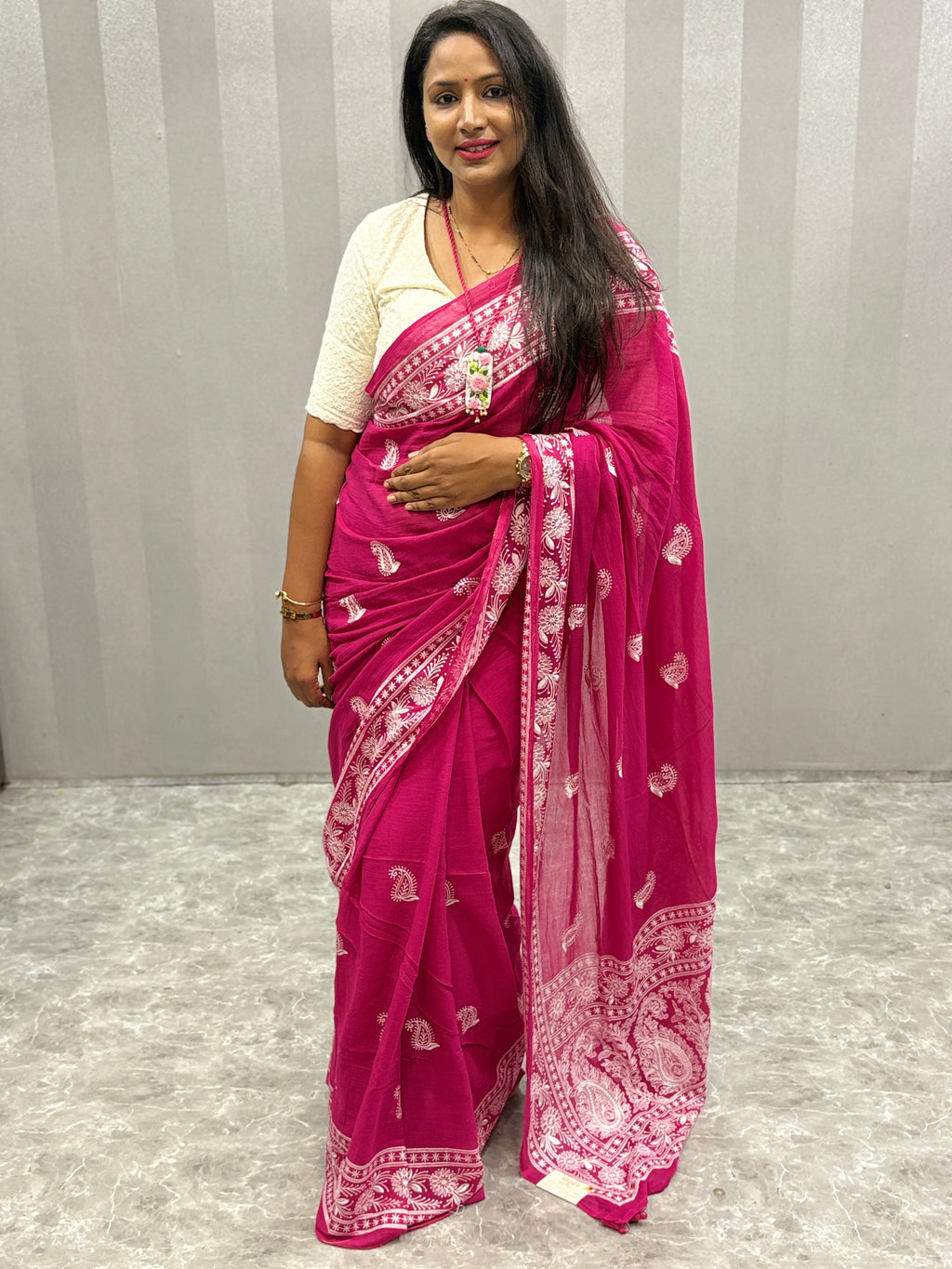 Lakhnowi chikankari work mulcotton saree|Pink |LCMC001