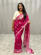 Lakhnowi chikankari work mulcotton saree|Pink |LCMC001
