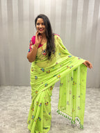 Handpainted flower bunch saree|Parrot green|HPMC012