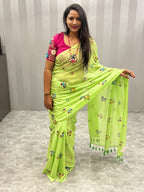 Handpainted flower bunch saree|Parrot green|HPMC012