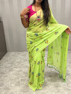Handpainted flower bunch saree|Parrot green|HPMC012