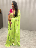 Handpainted flower bunch saree|Parrot green|HPMC012