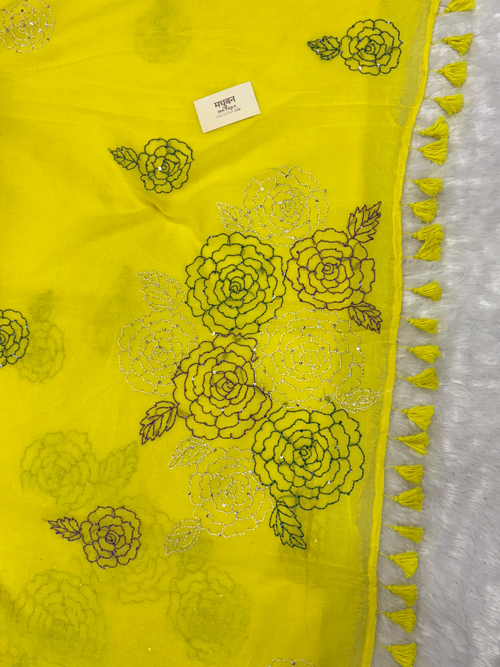 Katha sequence mulcotton saree|Lemon yellow|KSMC002