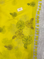 Katha sequence mulcotton saree|Lemon yellow|KSMC002