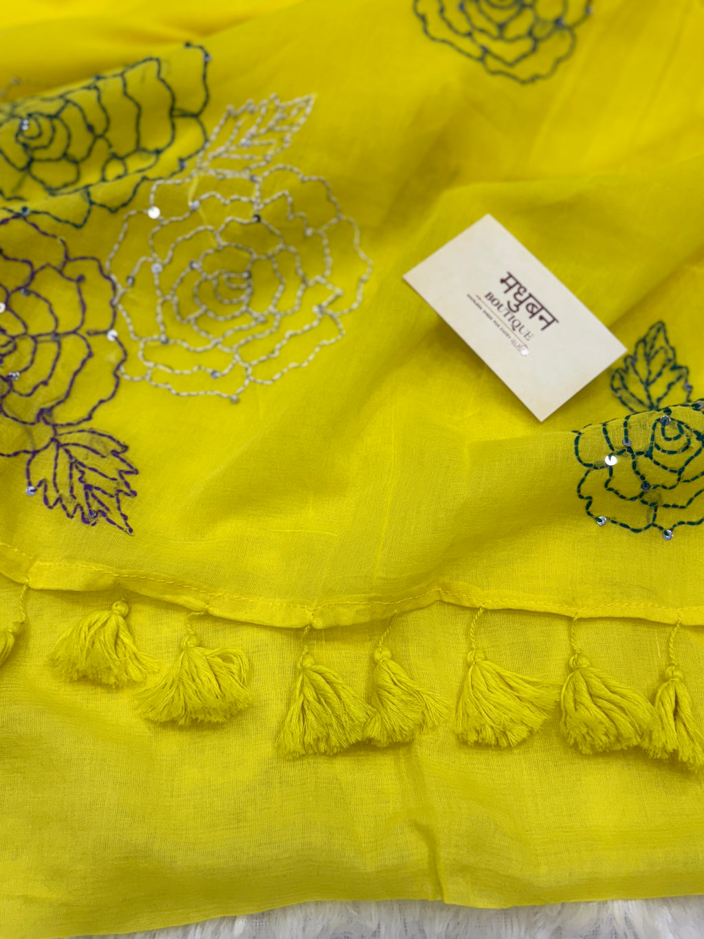 Katha sequence mulcotton saree|Lemon yellow|KSMC002