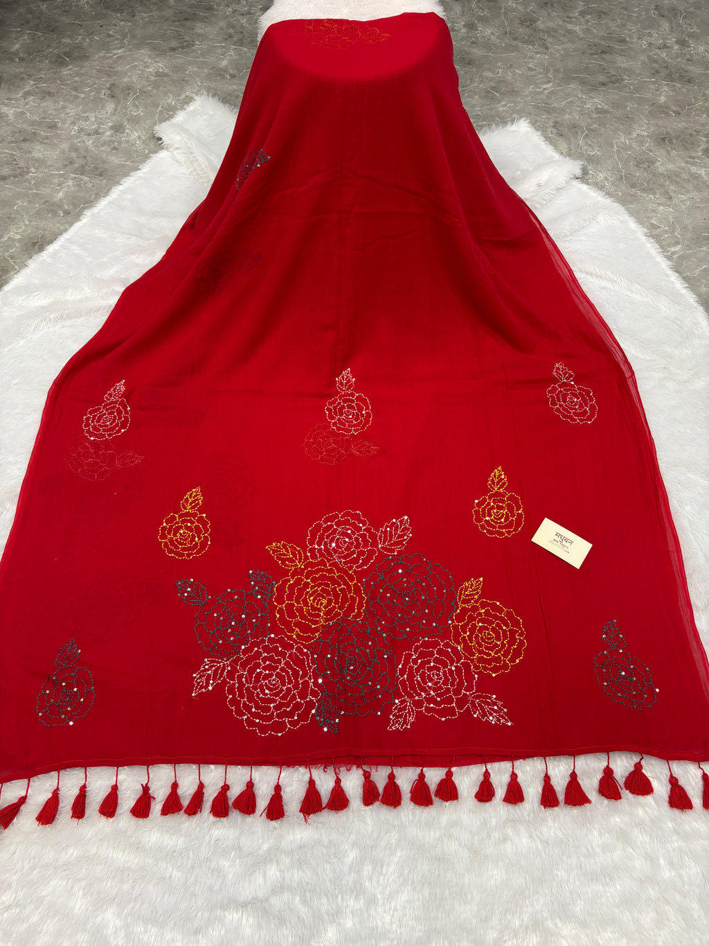 Katha sequence mulcotton saree|Red|KSMC001