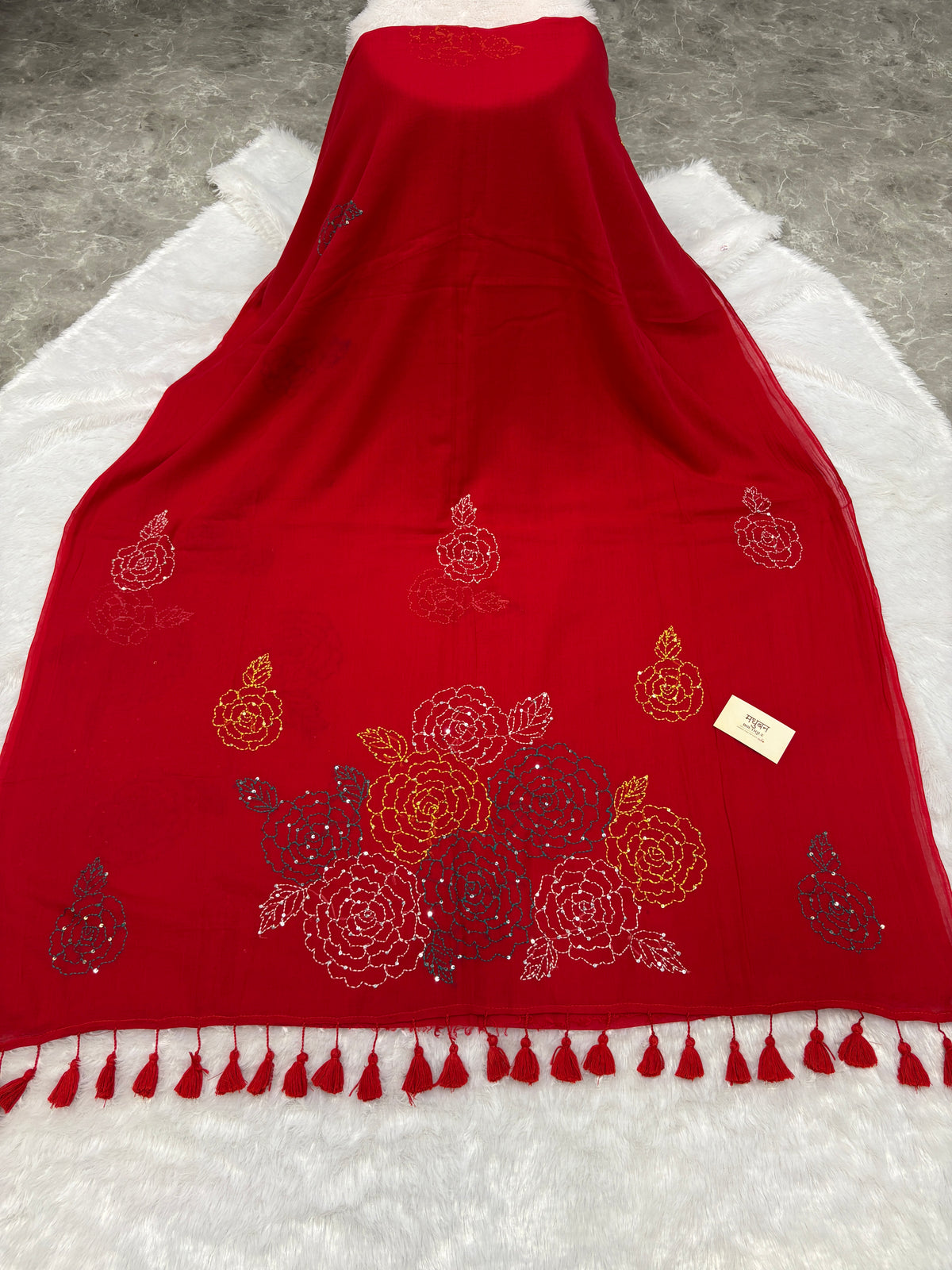 Katha sequence mulcotton saree|Red|KSMC001