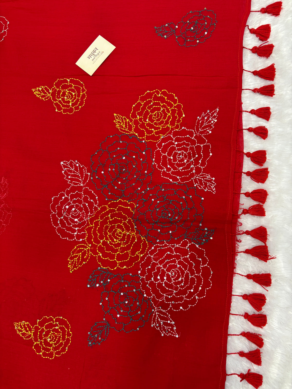 Katha sequence mulcotton saree|Red|KSMC001