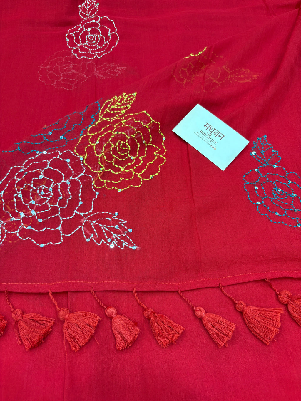 Katha sequence mulcotton saree|Red|KSMC001