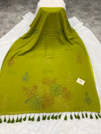 Katha sequence mulcotton saree|Mehendi green|KSMC003