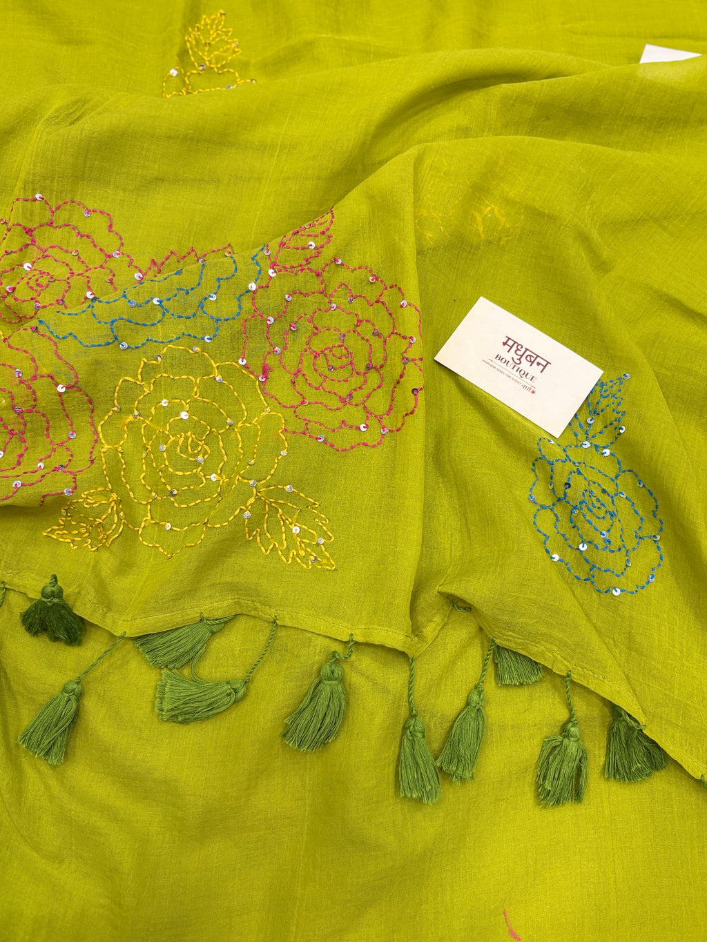 Katha sequence mulcotton saree|Mehendi green|KSMC003
