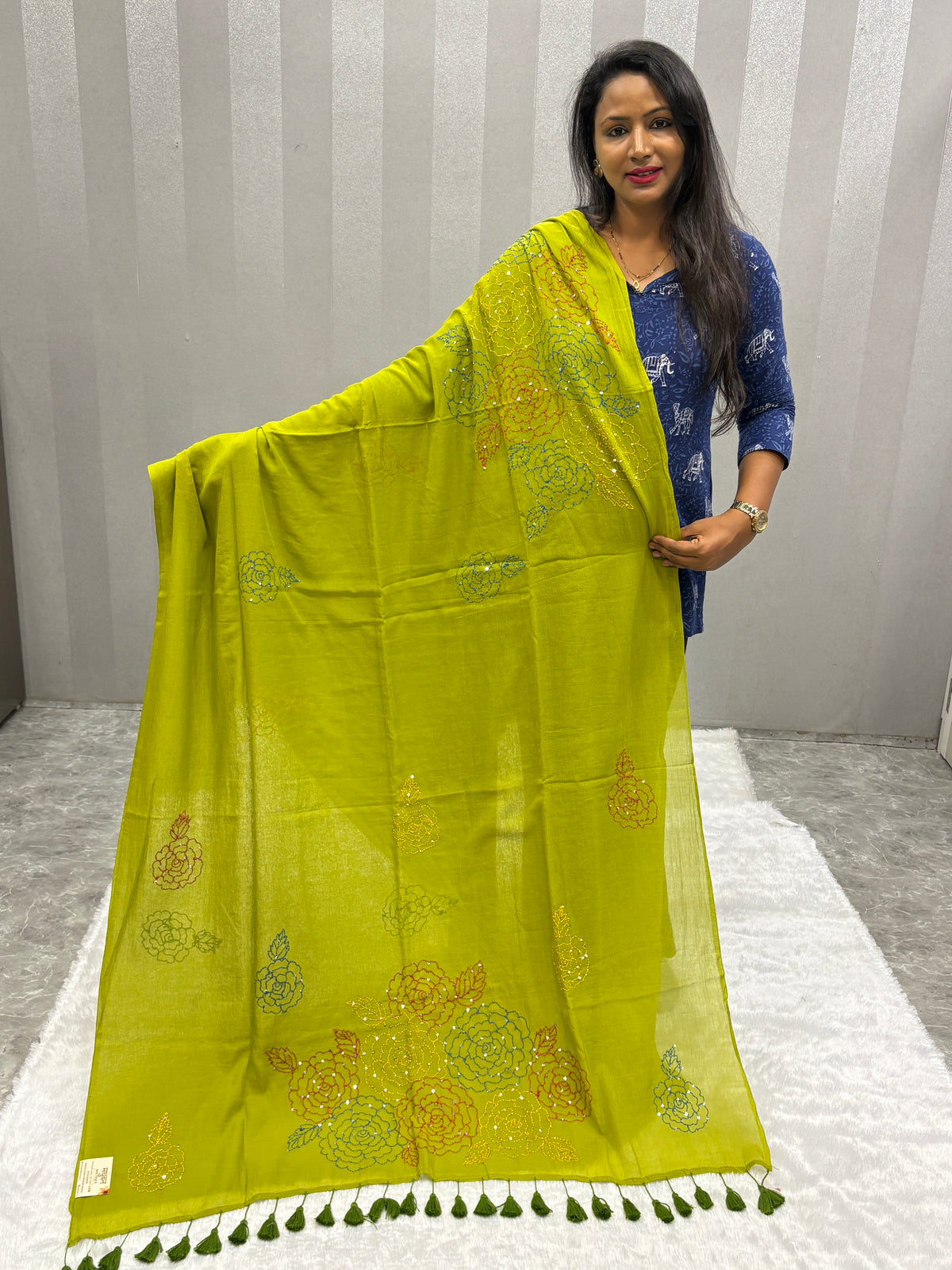Katha sequence mulcotton saree|Mehendi green|KSMC003
