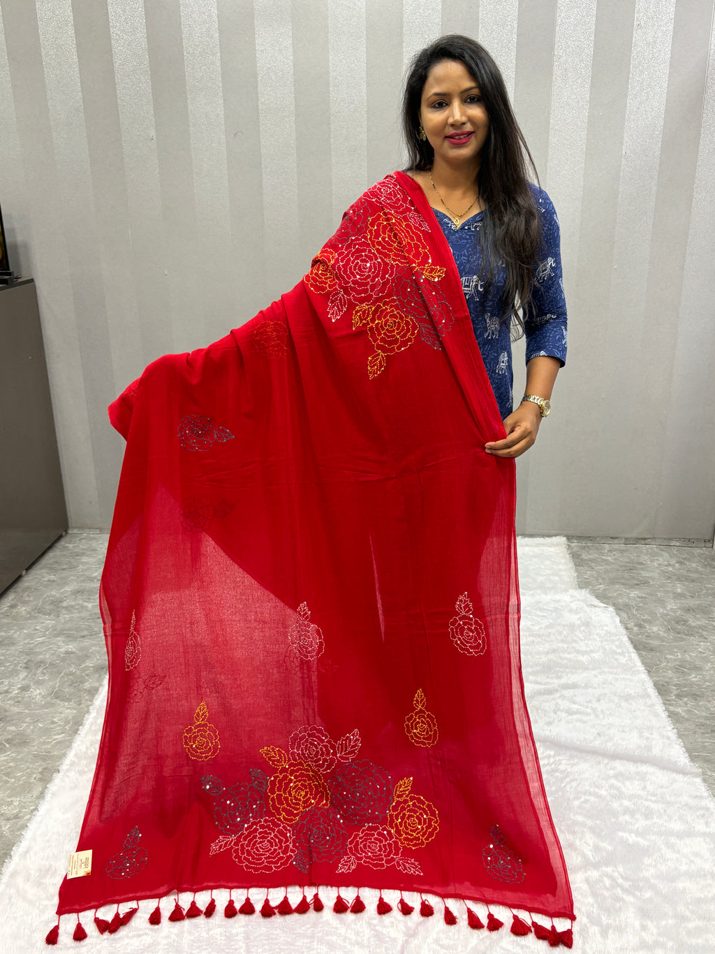 Katha sequence mulcotton saree|Red|KSMC001