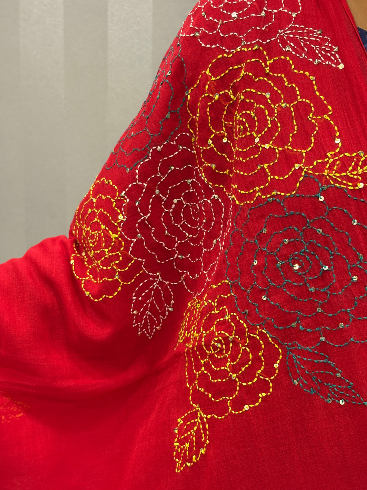 Katha sequence mulcotton saree|Red|KSMC001