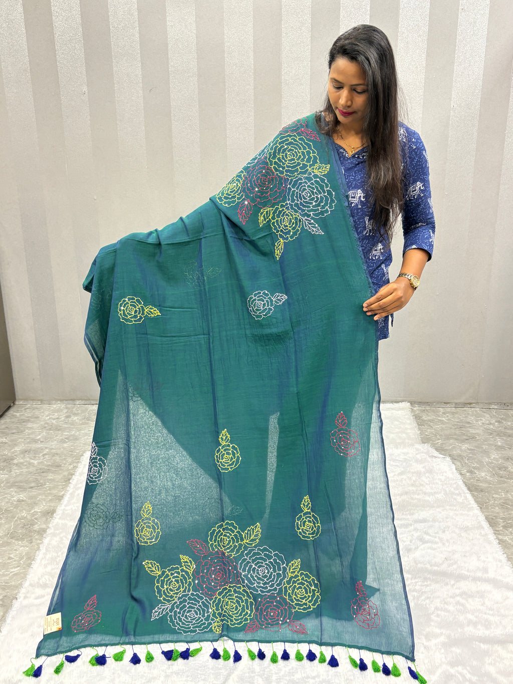 Katha sequence mulcotton saree|Dual tone rama green|KSMC005