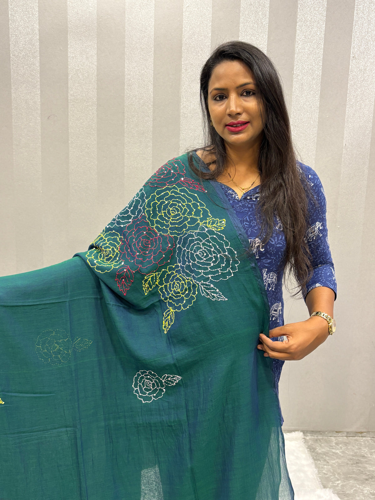Katha sequence mulcotton saree|Dual tone rama green|KSMC005