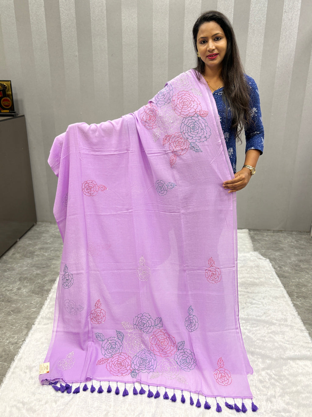 Katha sequence mulcotton saree|Lilac|KSMC006