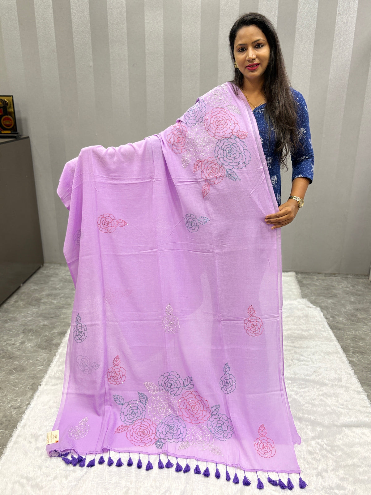 Katha sequence mulcotton saree|Lilac|KSMC006