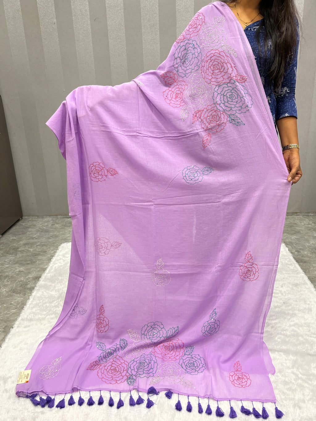 Katha sequence mulcotton saree|Lilac|KSMC006